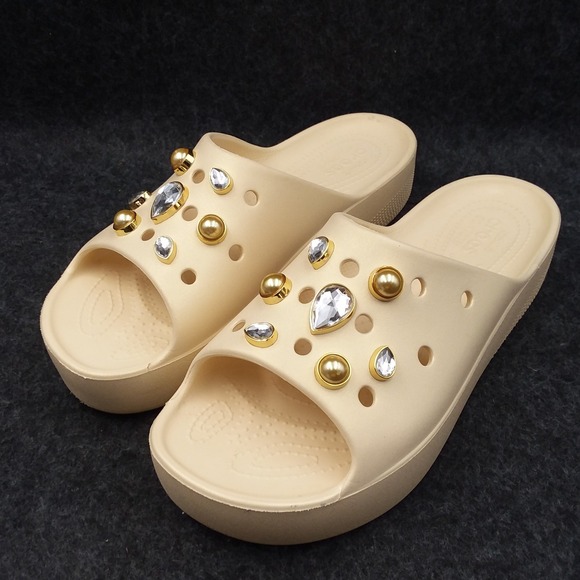 Crocs Embellished Slides Sandals Rhinestone Gold Accents‎ Comfort Beige W10 - Picture 1 of 11